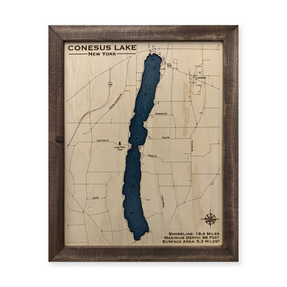 Conesus Walnut wood map — single layer with engraved contours, white background