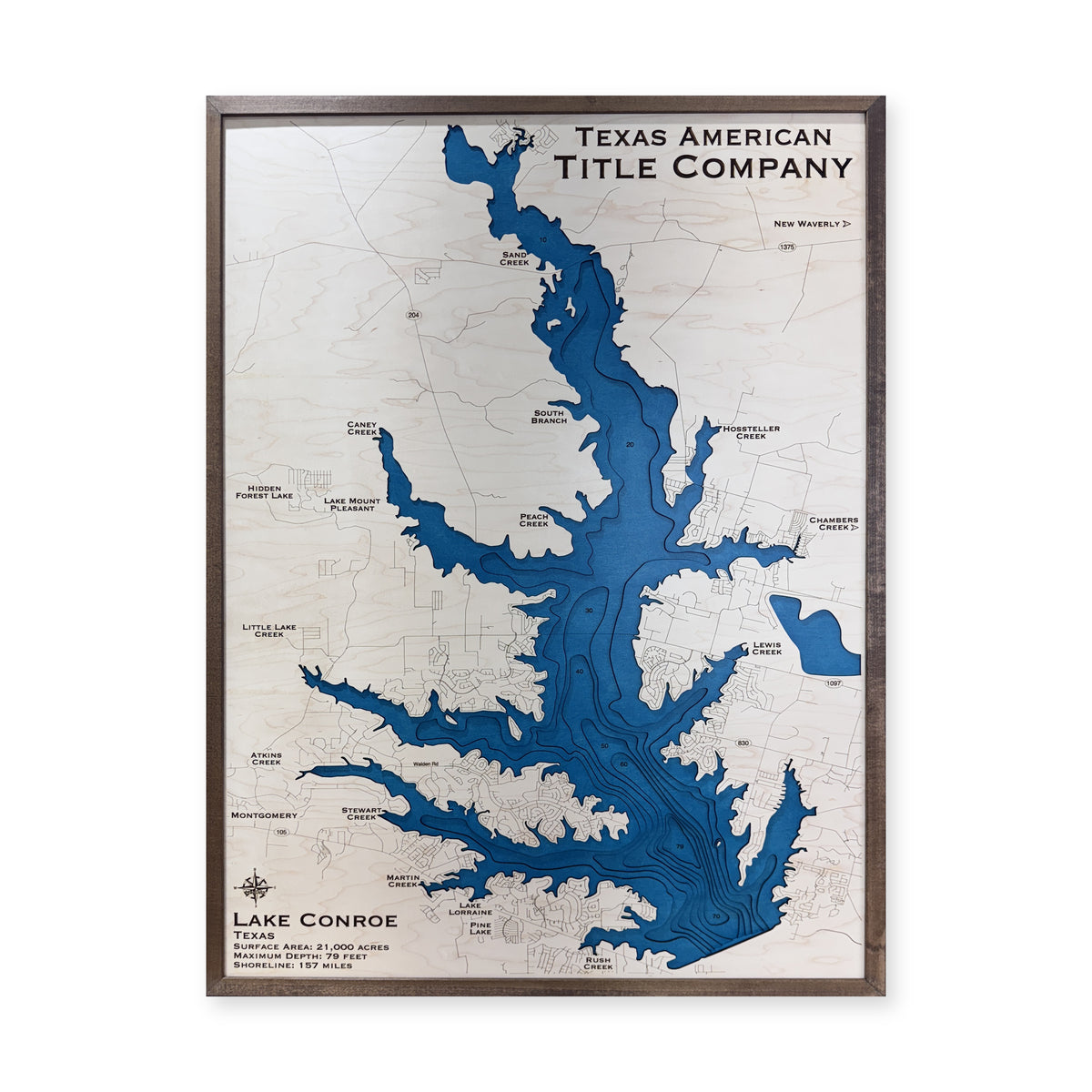 Conroe Texas American wood map — multilayer, white background