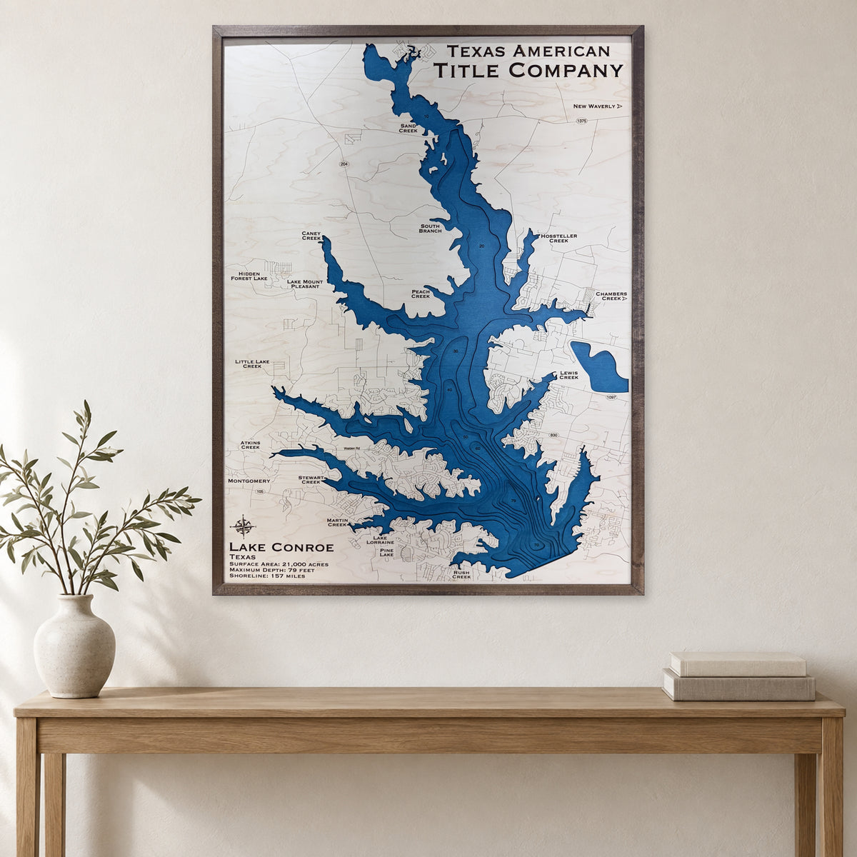 Conroe Texas American wood map — multilayer, staged room mockup