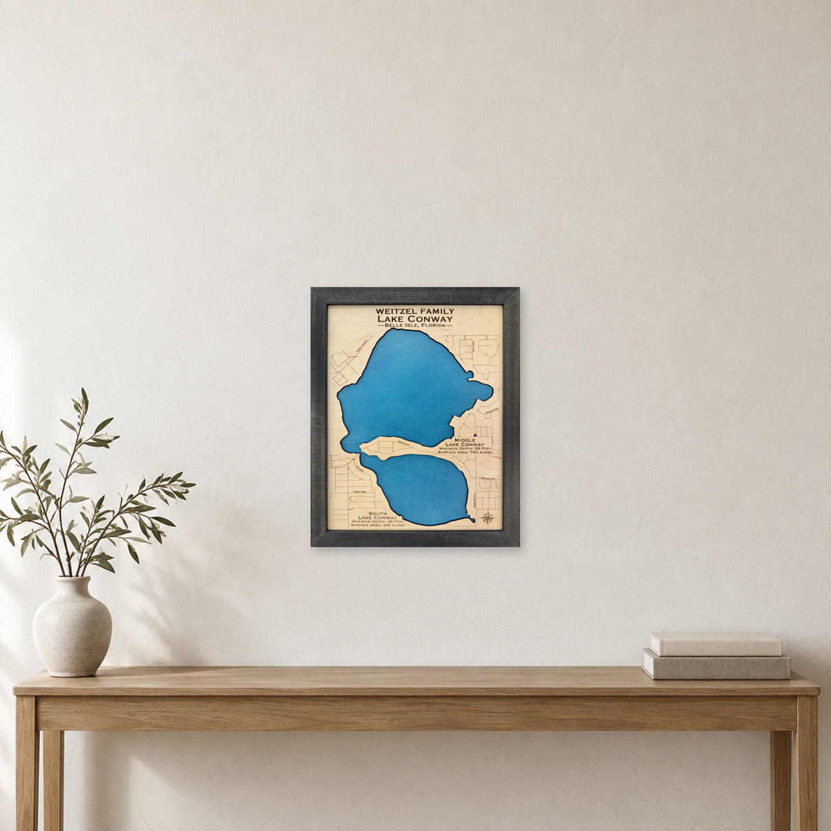 Conway Weitzel wood map — single layer, staged room mockup