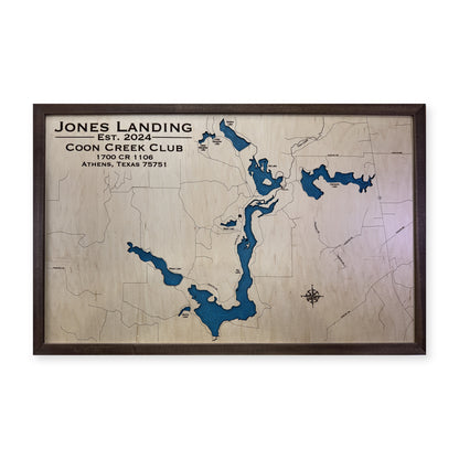 Coon Creek Jones wood map — single layer with engraved contours, white background