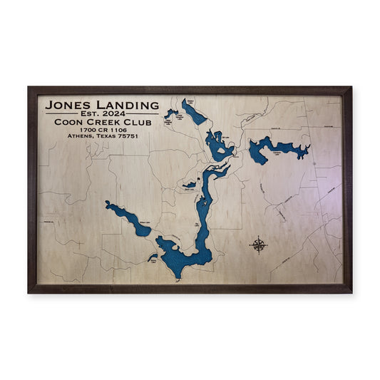 Coon Creek Jones wood map — single layer with engraved contours, white background