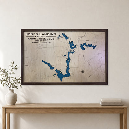 Coon Creek Jones wood map — single layer with engraved contours, staged room mockup