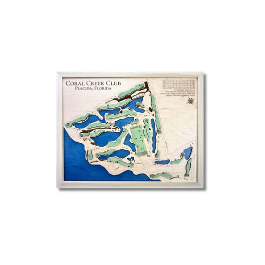 3D wooden golf course map of Coral Creek Club on a white background. 