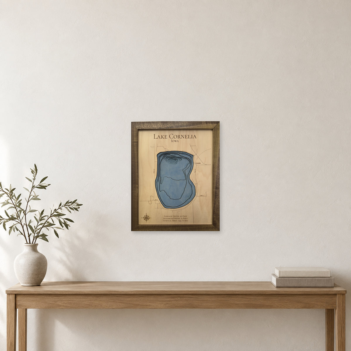 Cornelia Walnut wood map — multilayer, staged room mockup