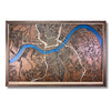3D wooden map of Covington, KY with raised roads and blue water stain. 