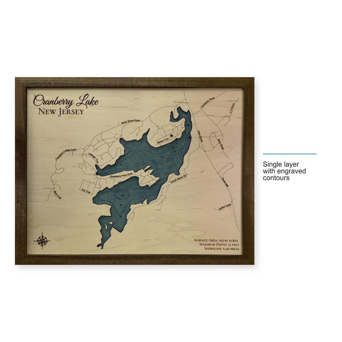 Cranberry Buckley wood map — single layer with engraved contours, layer option shown