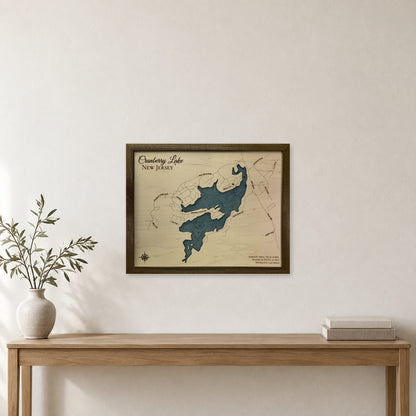 Cranberry Buckley wood map — single layer with engraved contours, staged room mockup