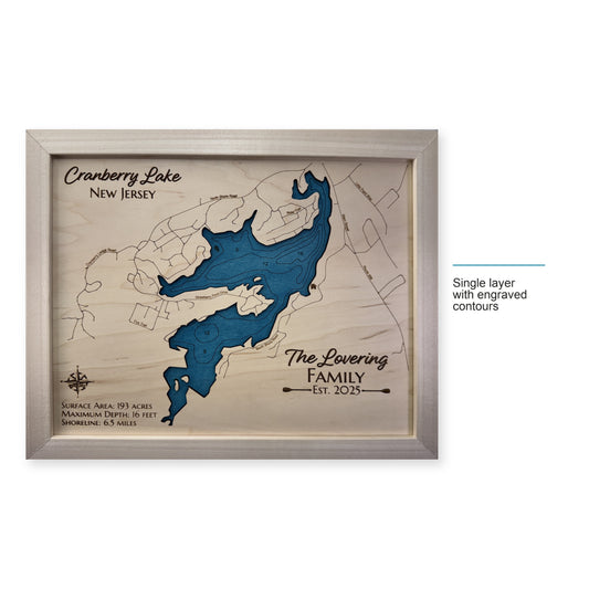 Cranberry Lovering wood map — single layer with engraved contours, layer option shown