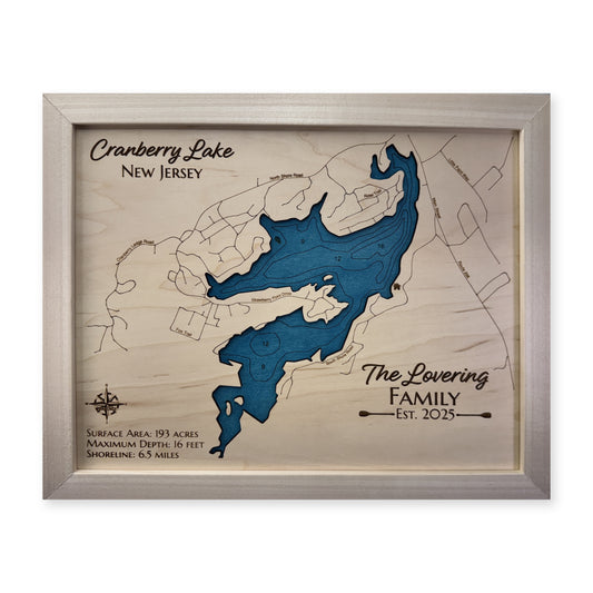 Cranberry Lovering wood map — single layer with engraved contours, white background