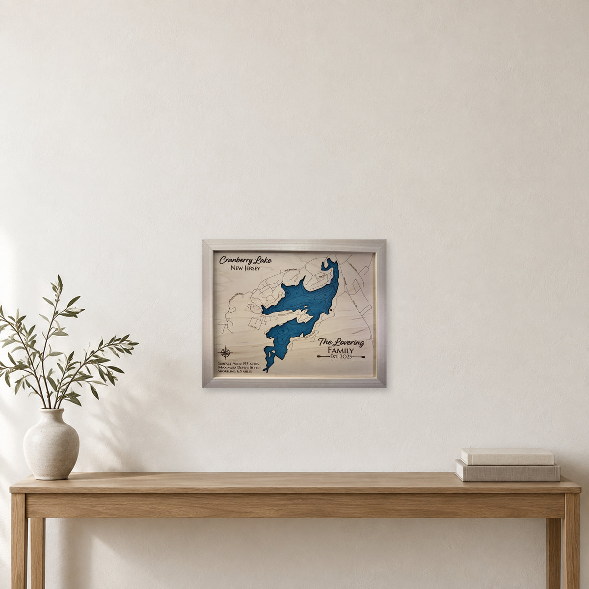 Cranberry Lovering wood map — single layer with engraved contours, staged room mockup
