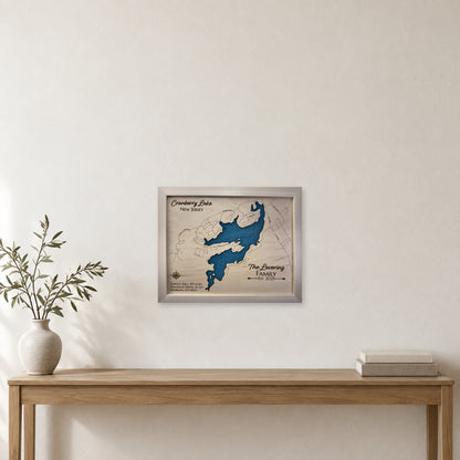 Cranberry Lovering wood map — single layer with engraved contours, staged room mockup
