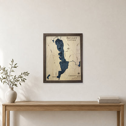 Crescent Bryant wood map — multilayer, staged room mockup