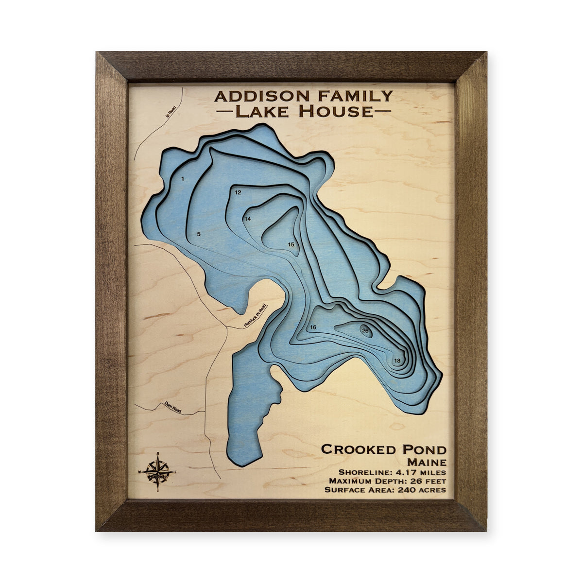Crooked Pond Addison wood map — multilayer, white background