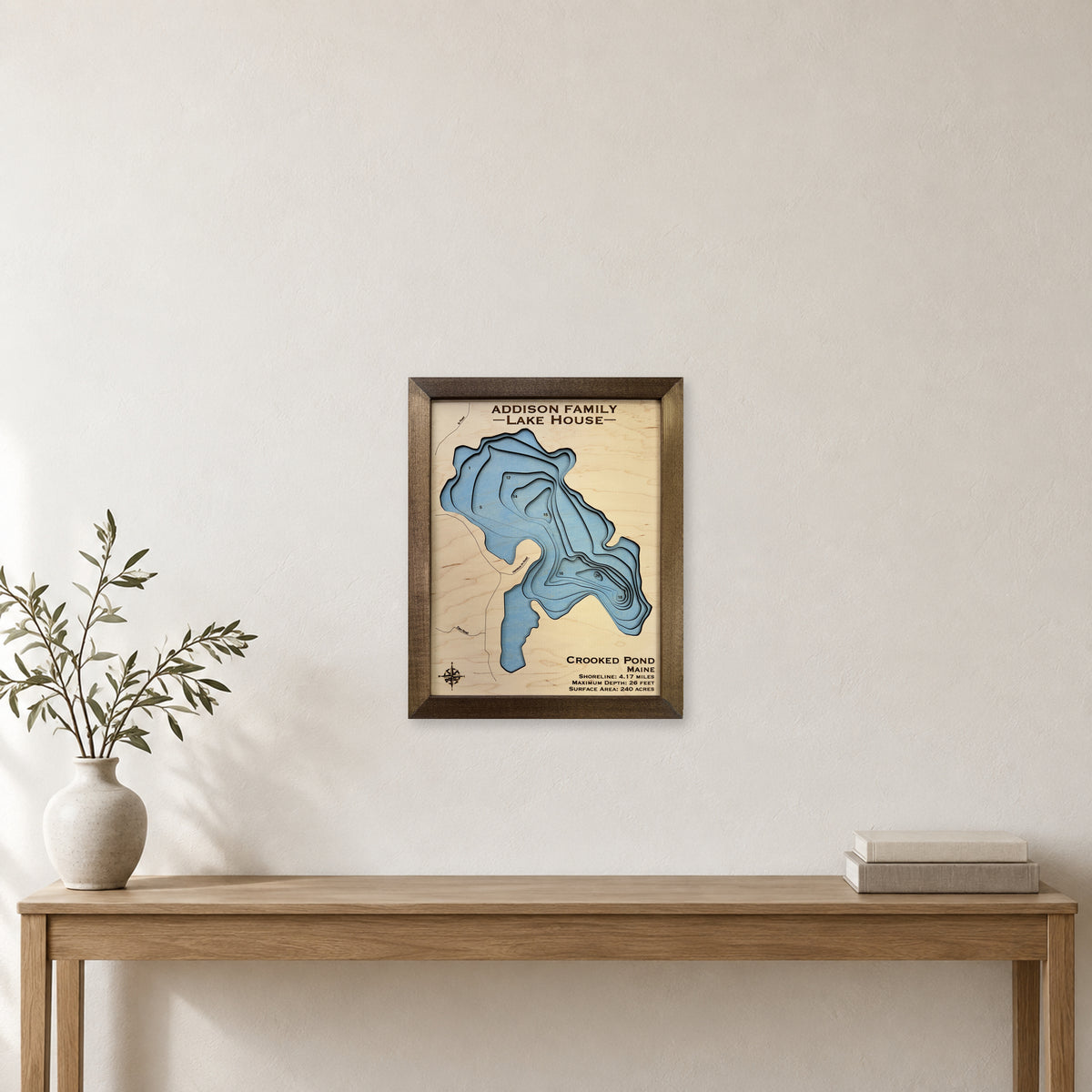 Crooked Pond Addison wood map — multilayer, staged room mockup