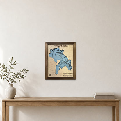 Crooked Pond Addison wood map — multilayer, staged room mockup