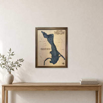 Cross Miller wood map — multilayer, staged room mockup