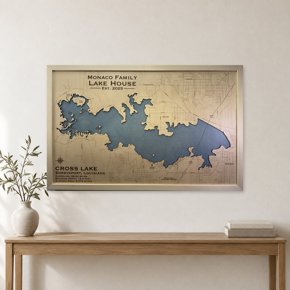 Cross Monaco wood map — single layer, staged room mockup