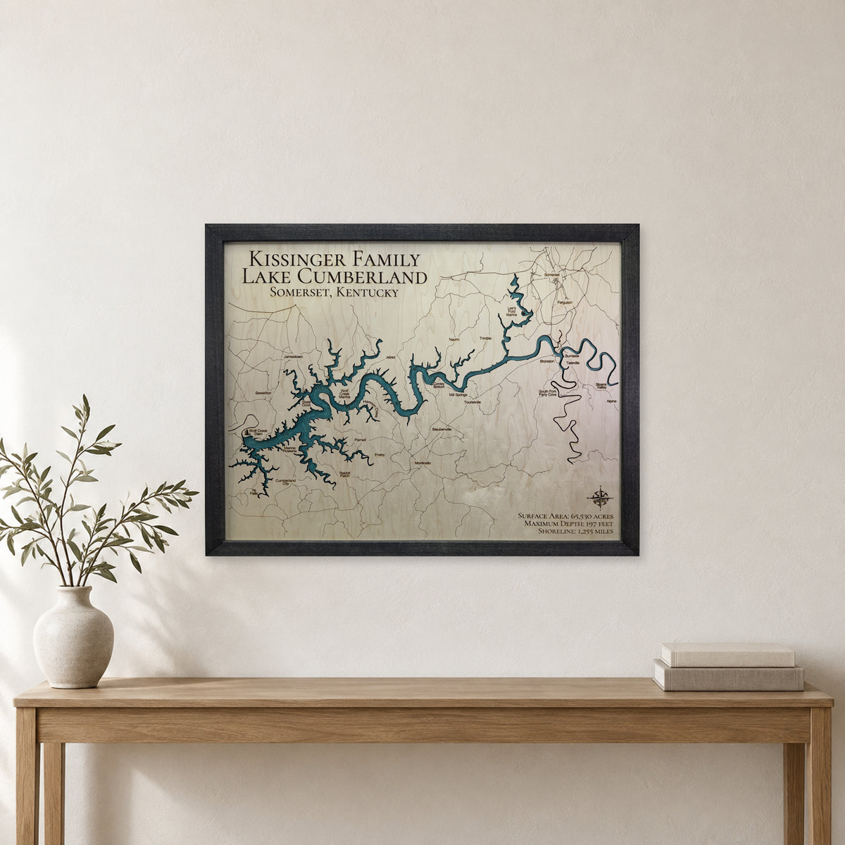 Cumberland Kissinger wood map — single layer with engraved contours, staged room mockup