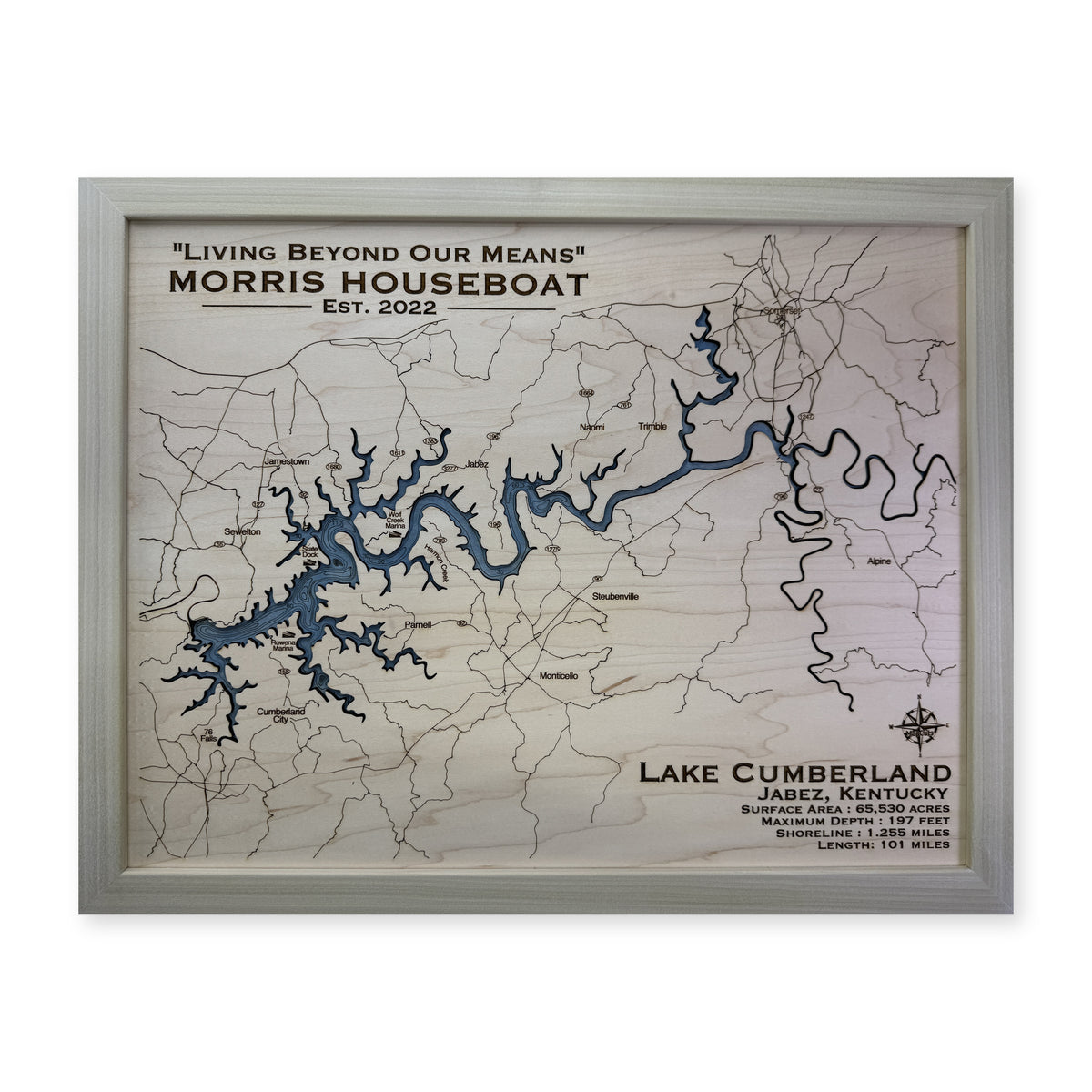 Cumberland Morris wood map — single layer with engraved contours, white background