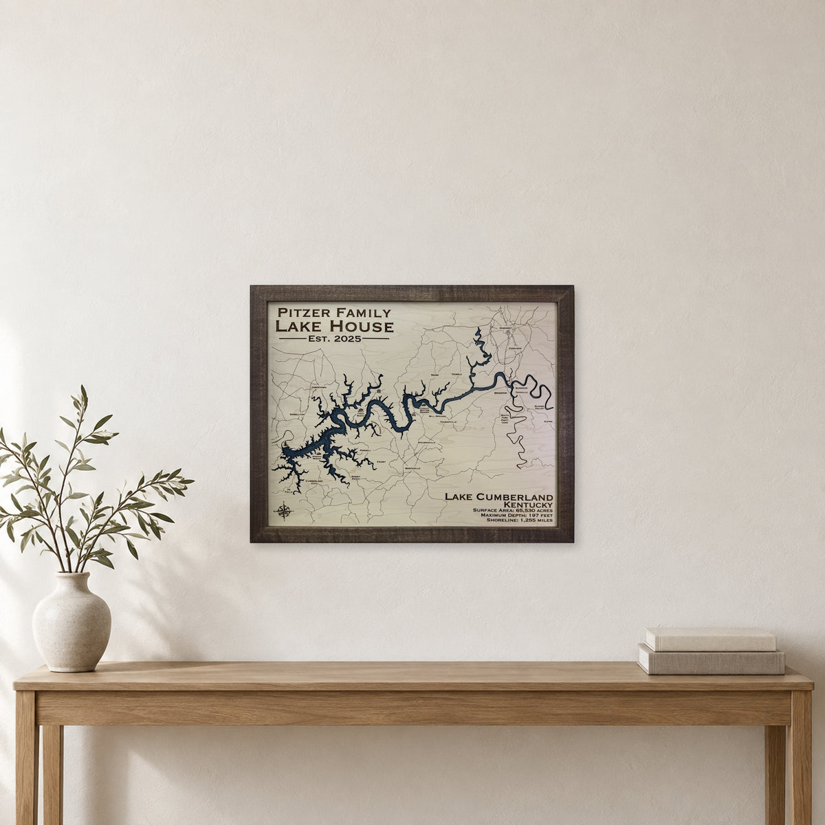 Cumberland Pitzer wood map — single layer with engraved contours, staged room mockup