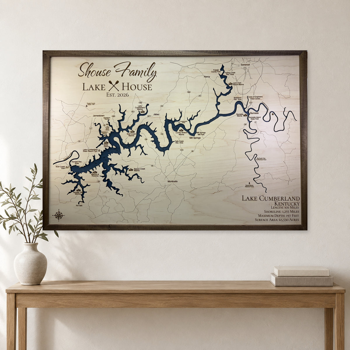 Cumberland Shouse wood map — single layer with engraved contours, staged room mockup