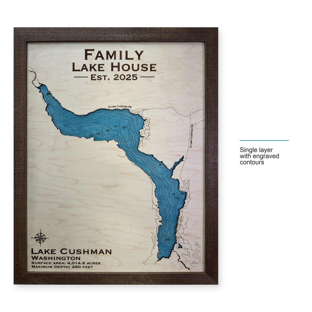 Cushman Family wood map — single layer with engraved contours, layer option shown