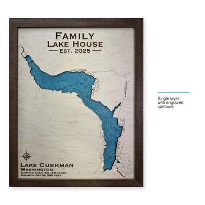 Cushman Family wood map — single layer with engraved contours, layer option shown