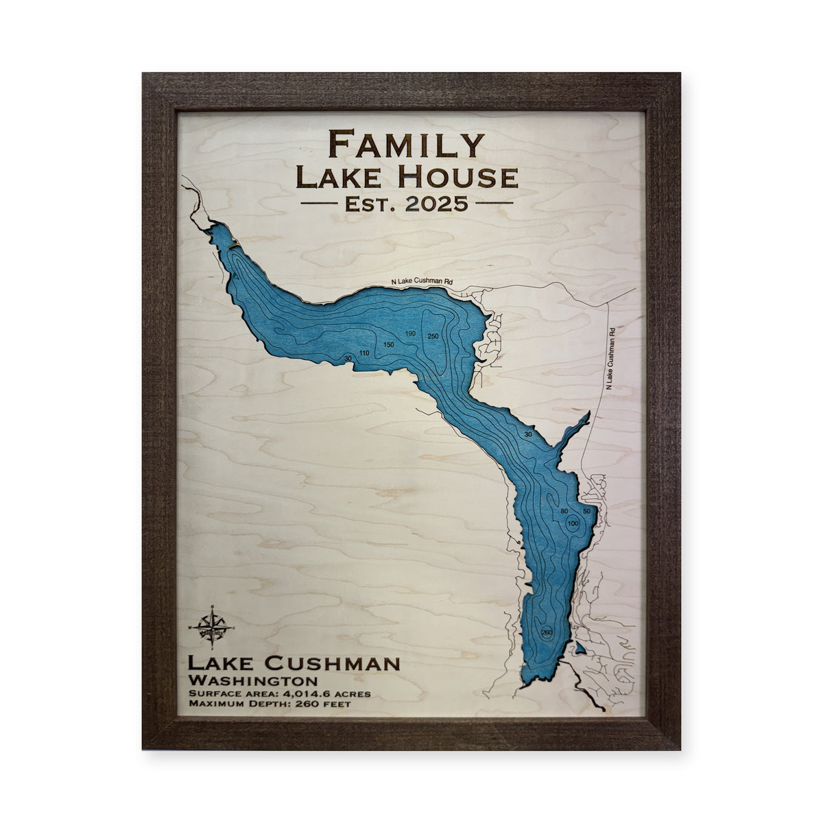 Cushman Family wood map — single layer with engraved contours, white background