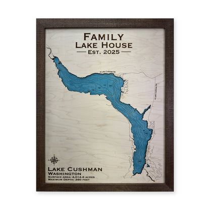 Cushman Family wood map — single layer with engraved contours, white background