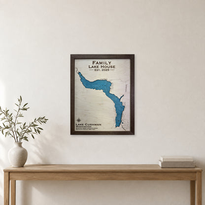 Cushman Family wood map — single layer with engraved contours, staged room mockup