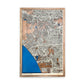 Framed wooden map of Los Angeles with 3D roads and blue stained water. 
