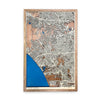 Framed wooden map of Los Angeles with 3D roads and blue stained water. 
