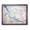 Wooden topographic map of North Augusta, South Carolina with a blue-stained river and city streets.