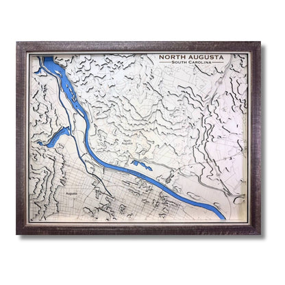 Wooden topographic map of North Augusta, South Carolina with a blue-stained river and city streets.