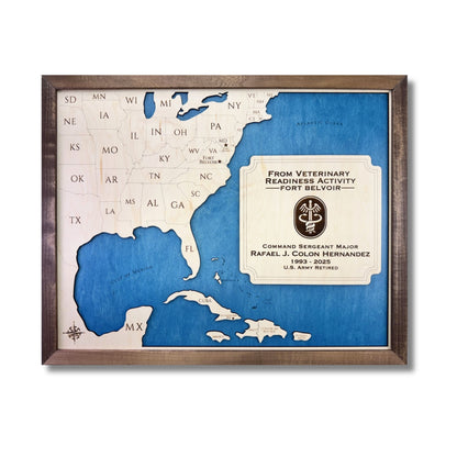 Custom military map with blue water stain and a walnut brown frame. 