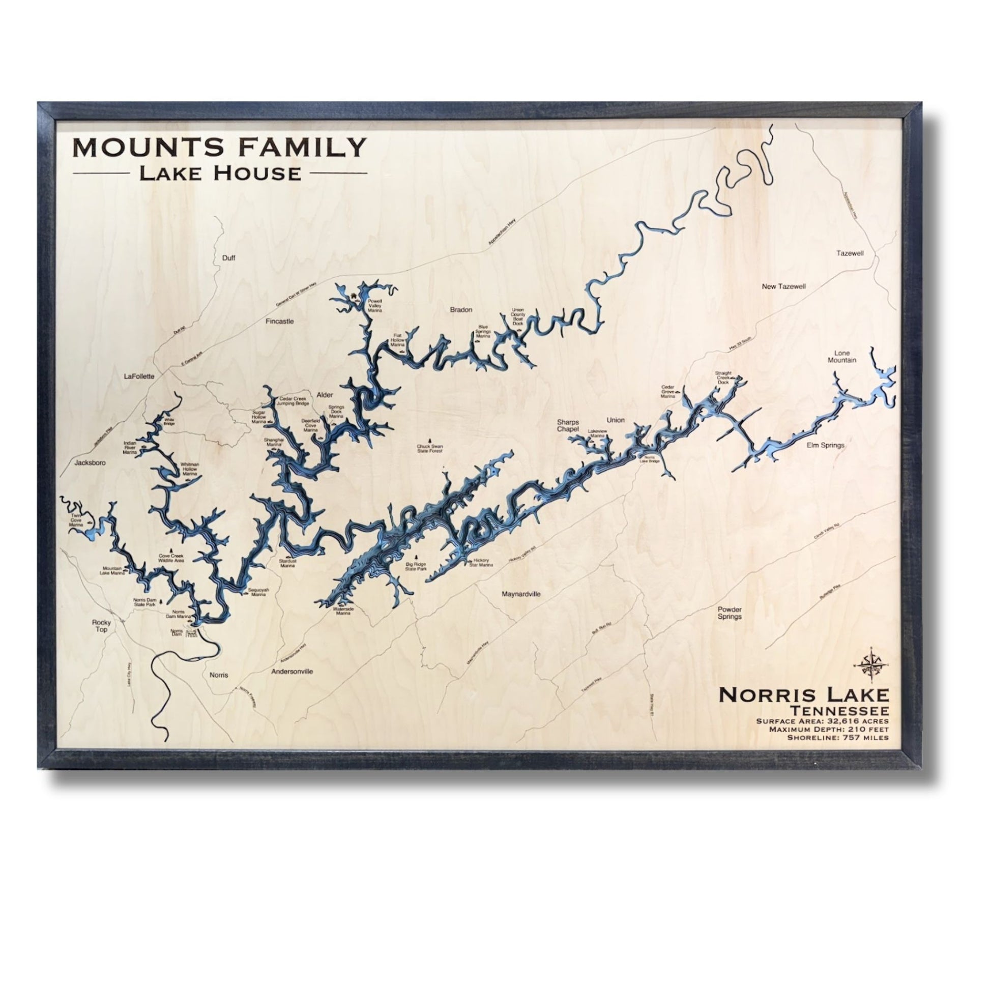 Multi water layer Norris Lake map with a black frame. 