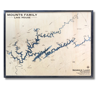 Multi water layer Norris Lake map with a black frame. 