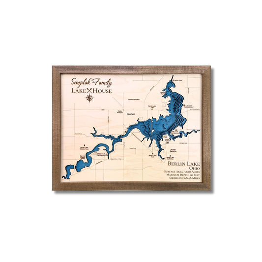 Custom wooden lake map of Berlin Lake, Ohio.