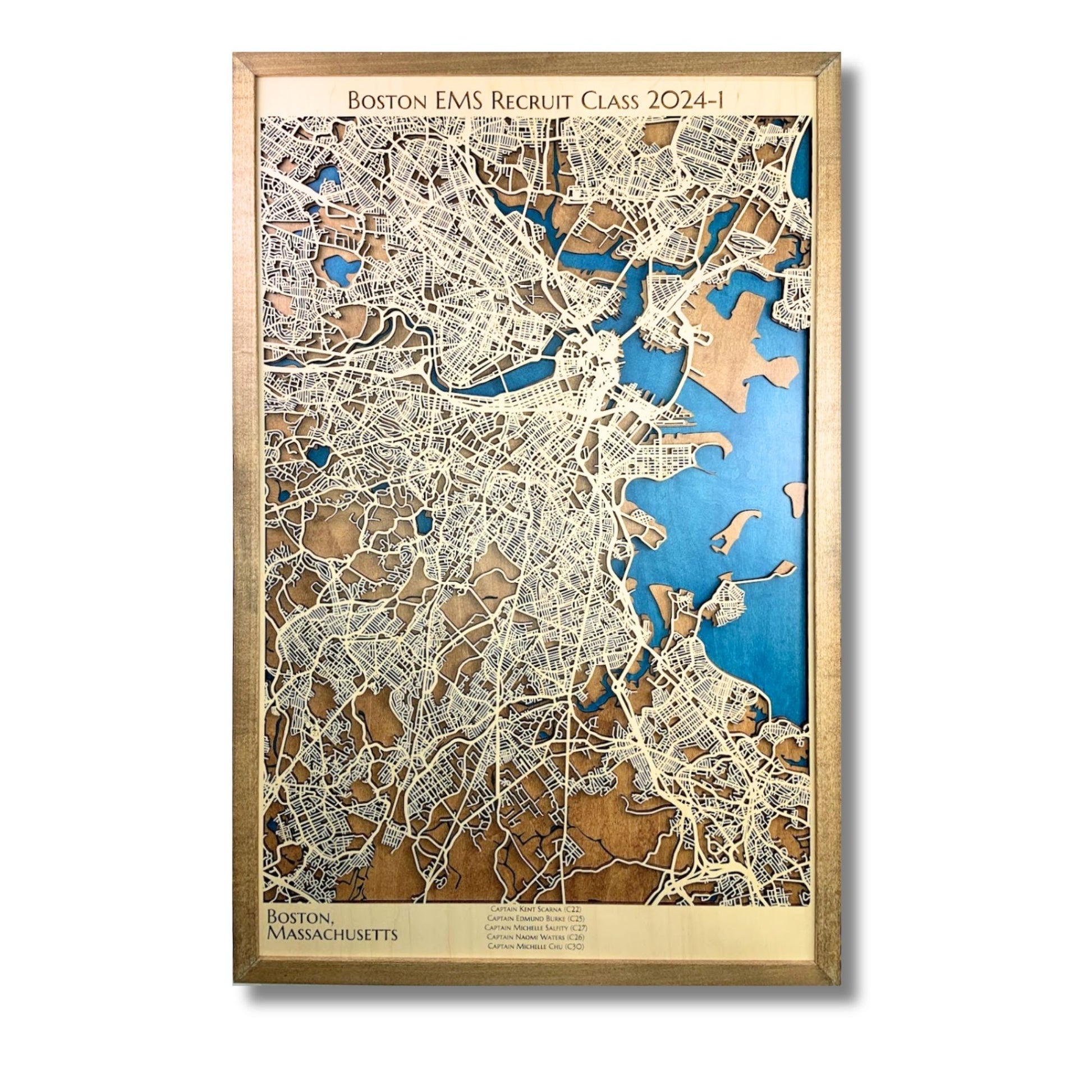 Large wooden 3D map of Boston with personalized text. 