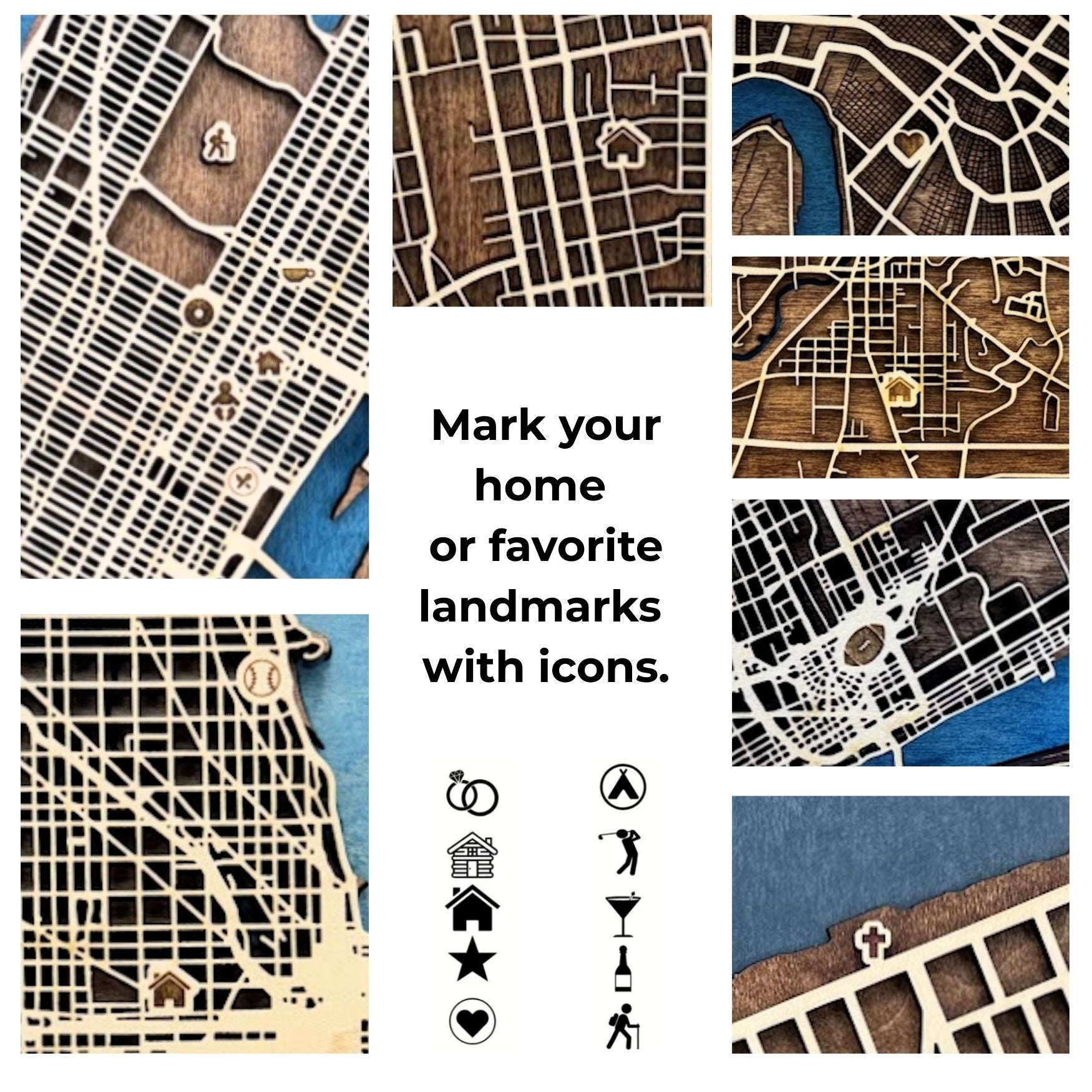 Examples of various icons used in MapCuts' wooden city maps. 