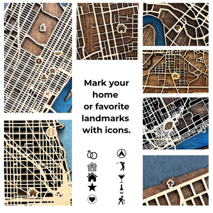 Examples of various icons used in MapCuts' wooden city maps. 