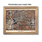 A framed city map on a white background with personalized titled. 