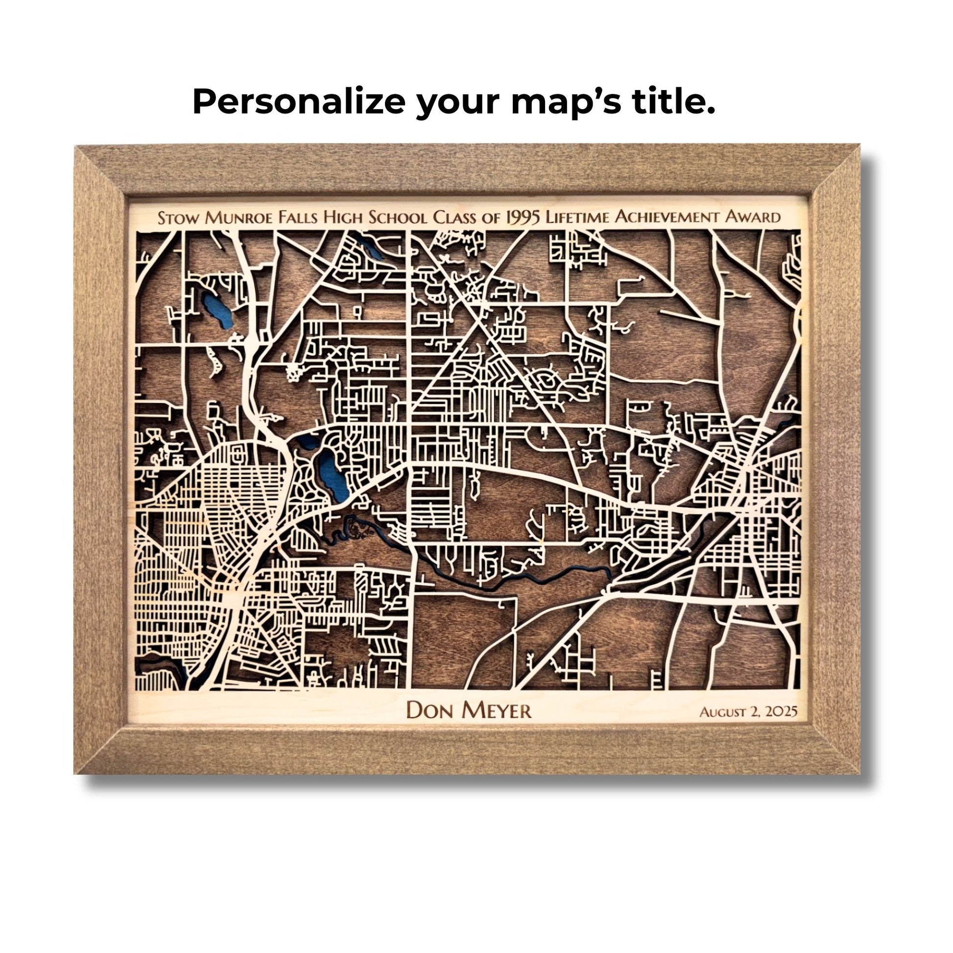 A framed city map on a white background with personalized titled. 
