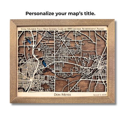 A framed city map on a white background with personalized titled. 