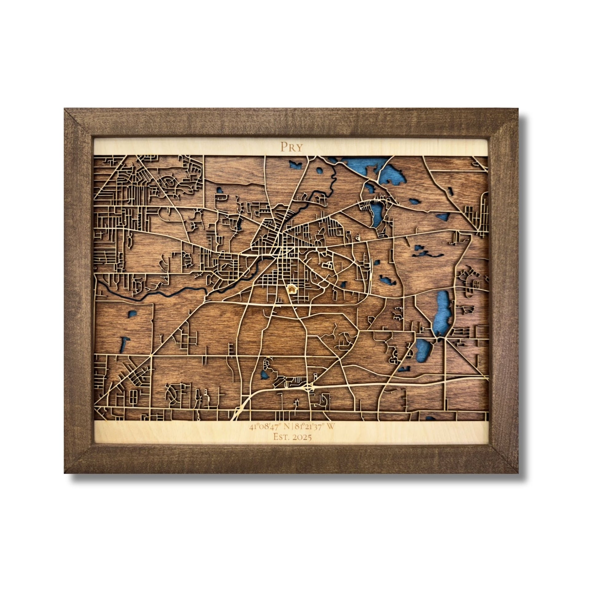 Custom city map showing a wood house icon and personalized text. 