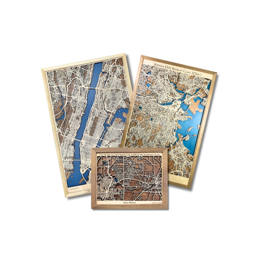 3 examples of MapCuts' custom city maps on a white background. 
