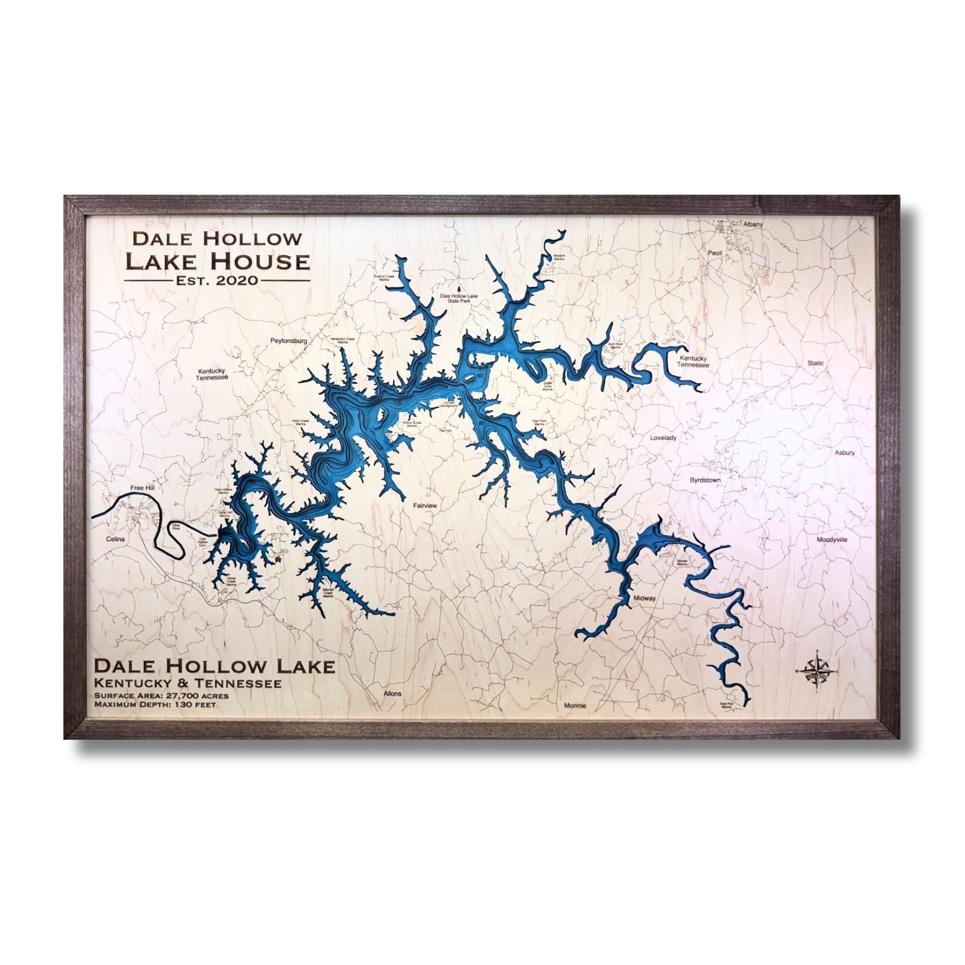 Dale Hollow Lake map with personalized text and a brown frame.