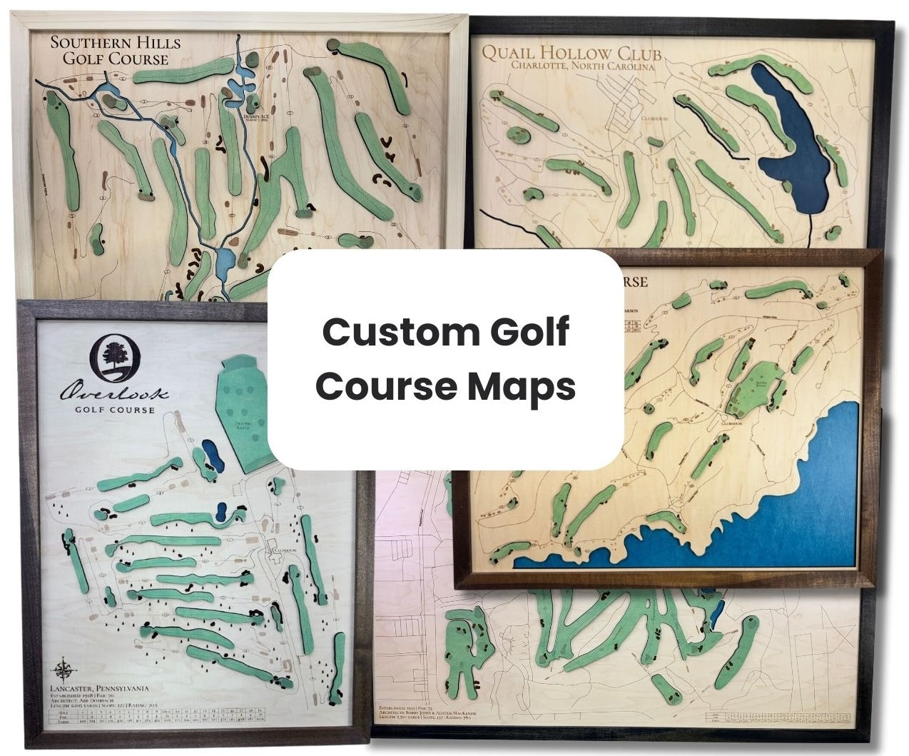 Examples of various golf course maps with the words "Custom Golf Course Maps" written over them.