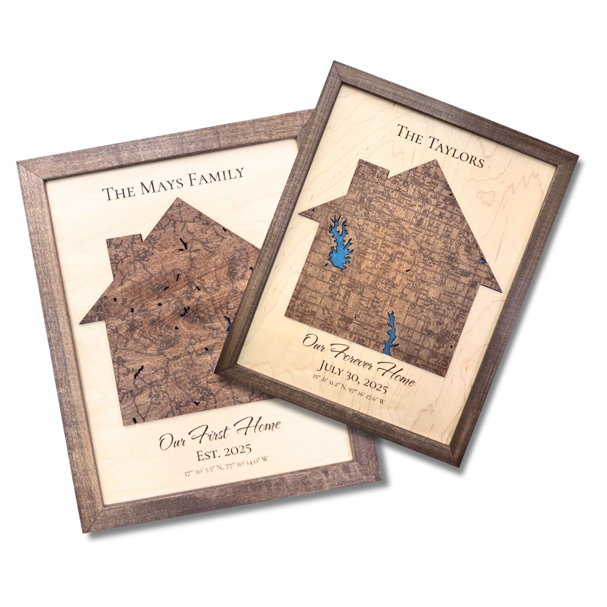 Two examples of custom housewarming gift maps, one with the title "Our First Home," and the other, "Our Forever Home."